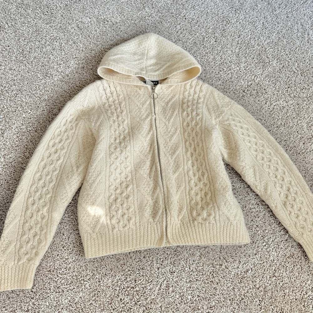 100% wool cream cable knit zip up hoodie sweater